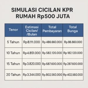 Tabel contoh simulasi cicilan KPR untuk rumah harga lima ratus juta rupiah